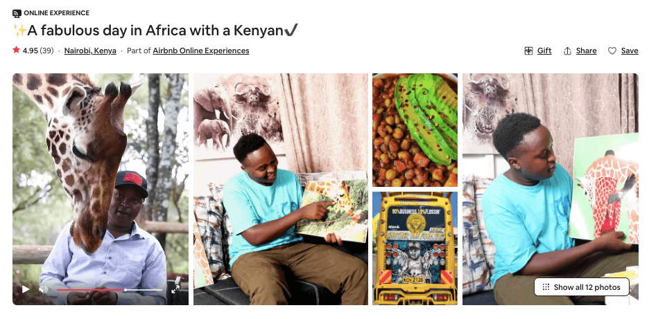 a man outdoors in Kenya with a giraffe next to him