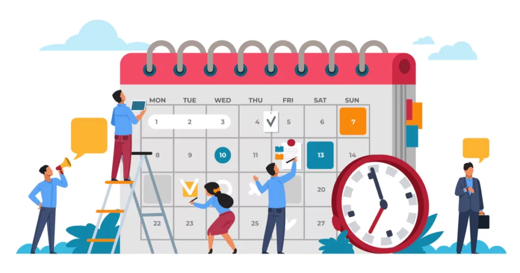 vector cartoon of corporate coworkers contributing to a calendar