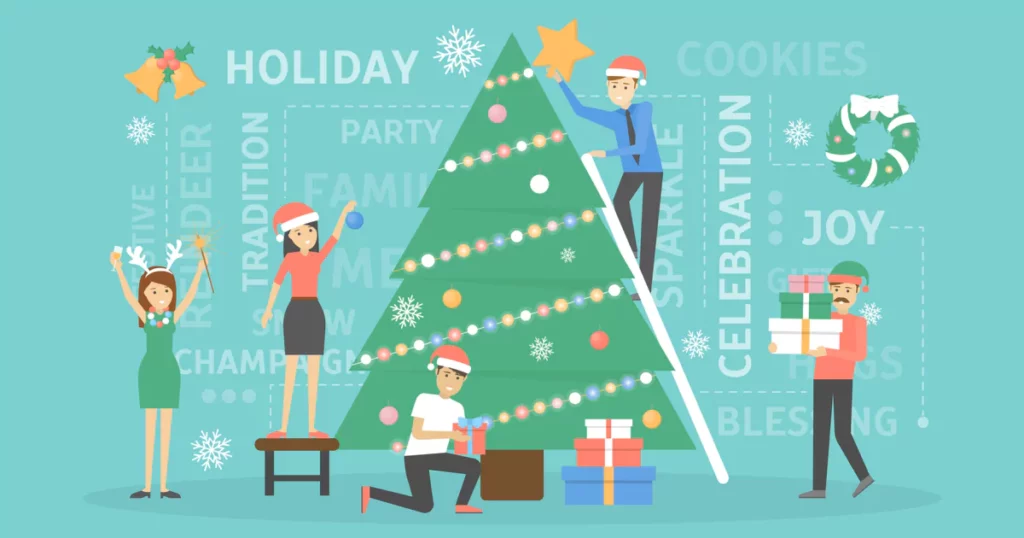 office people decorating Christmas tree