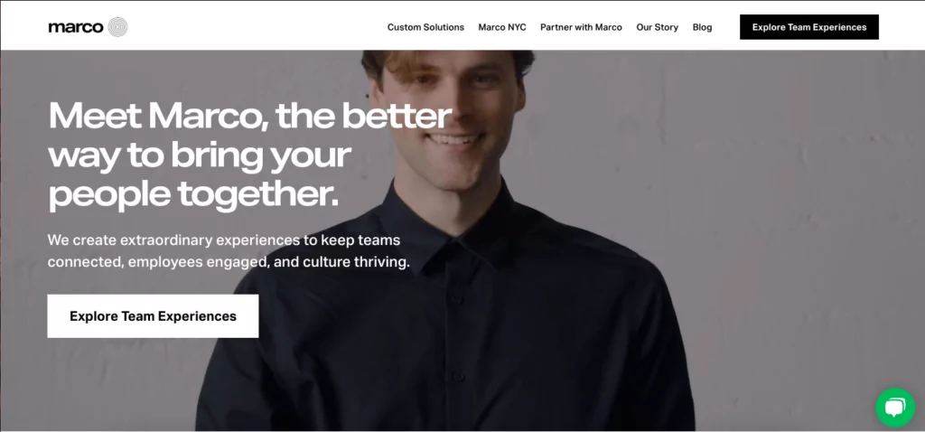 a screenshot from the website for a company called Marco showing a young man looking forward and smiling
