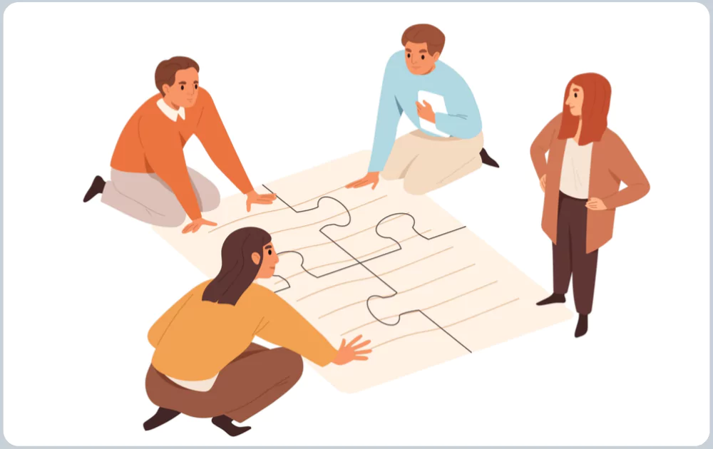 vector of people putting together a paper puzzle