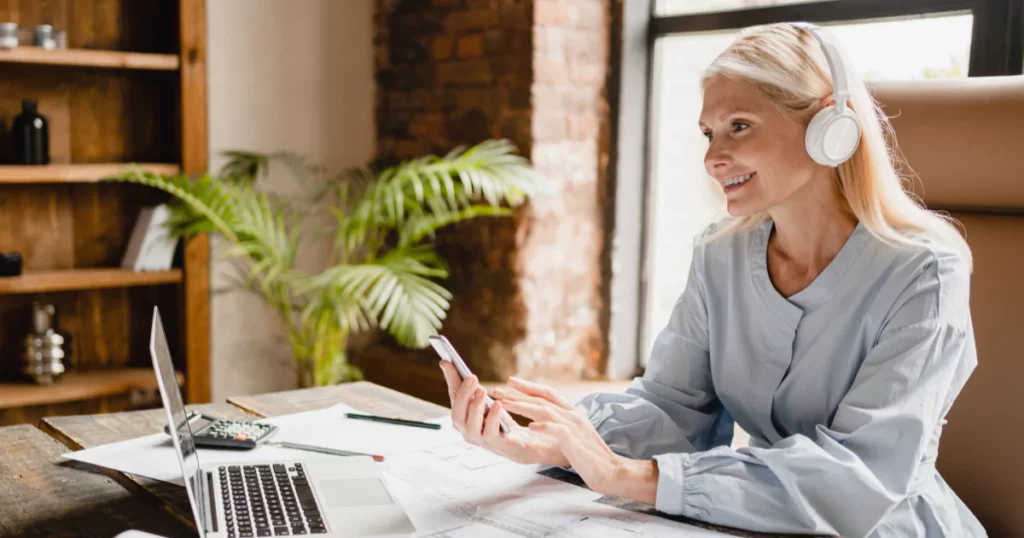 woman on a video call with headphones