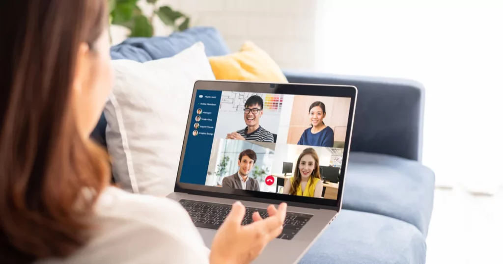 woman on video call on couch