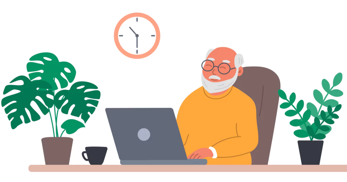 happy elderly man on computer