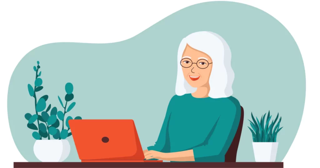smiling-elder-woman-glasses-laptop-vector