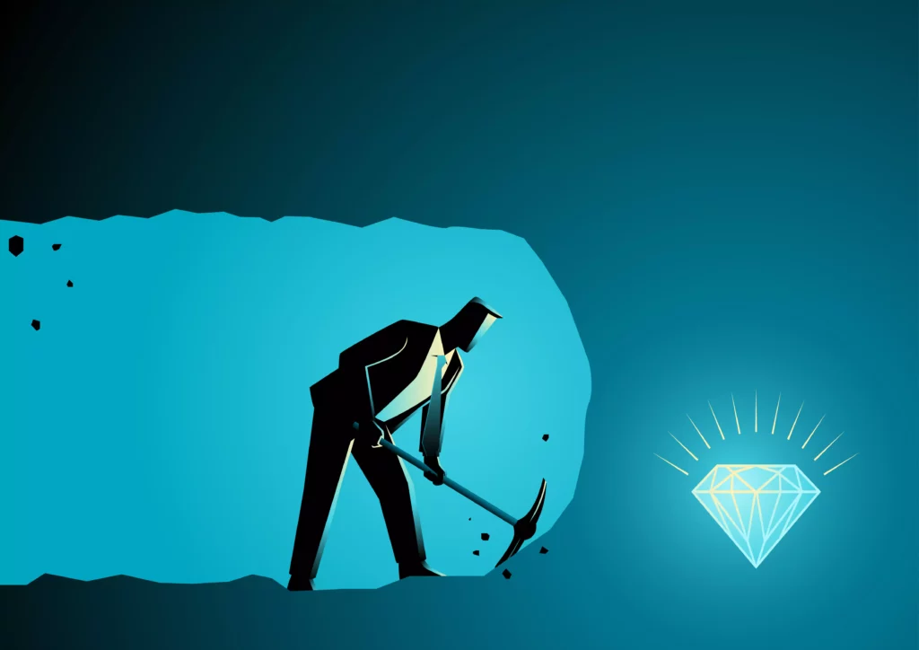 cartoon of employee mining for a diamond