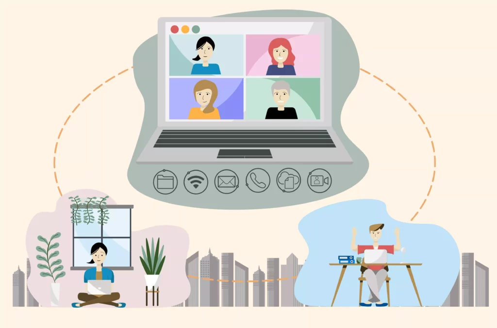 cartoon of team members doing virtual team building