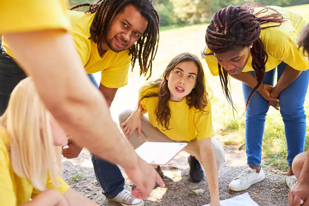 employees working on a scavenger hunt