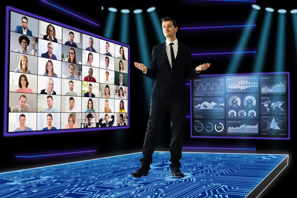 host speaking in a virtual event platform