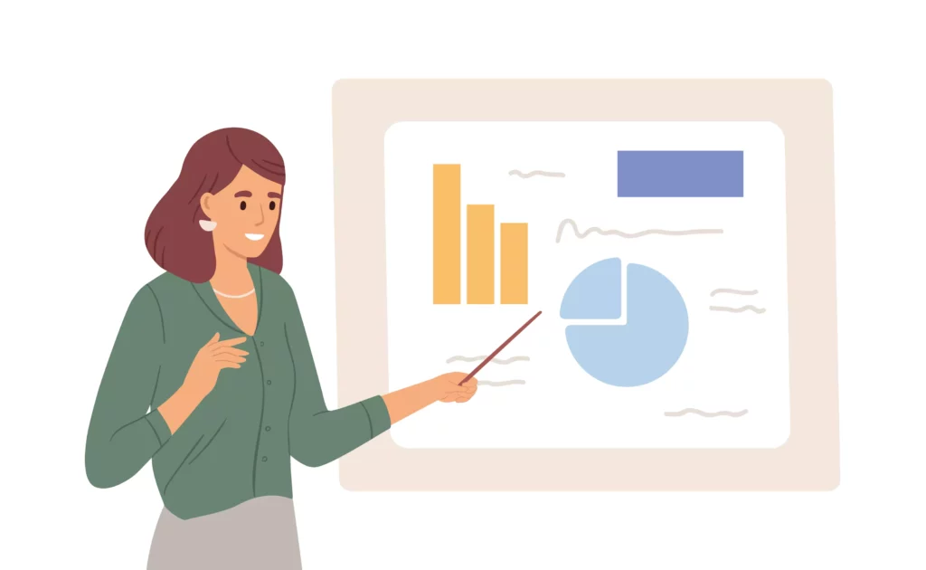 cartoon woman giving powerpoint presentation