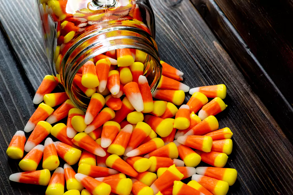 candy corn in glass jar